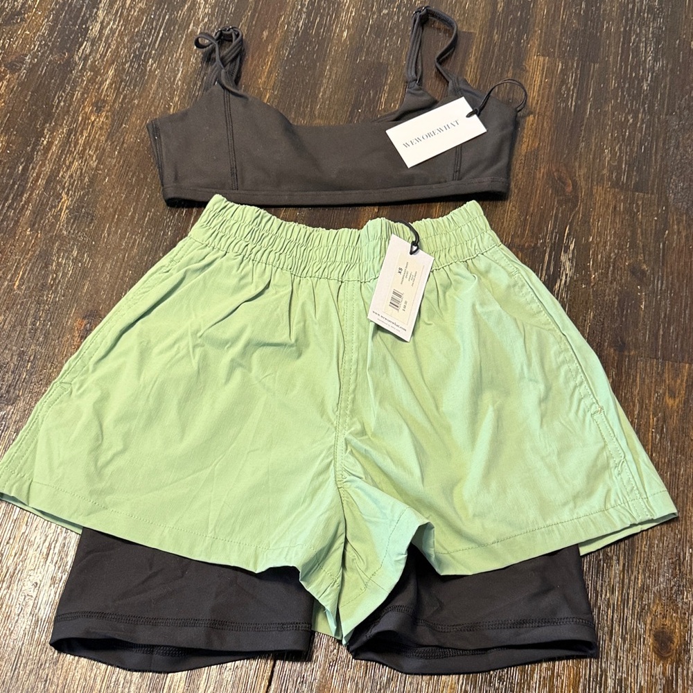 WeWoreWhat Mint Green and Black Athletic Shorts and matching Bra